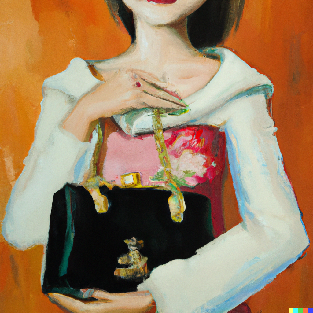 Oil painting of lady holding a luxury bag