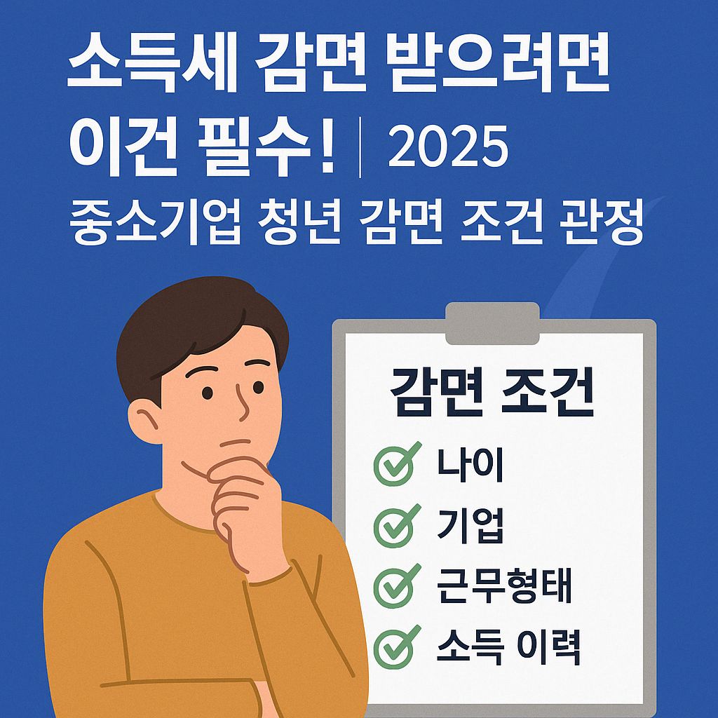 2025년 중소기업 청년 소득세 감면을 받기 위해 반드시 충족해야 하는 4가지 조건(나이, 기업, 근무형태, 소득 이력)을 체크리스트와 함께 보여주는 감성 일러스트 썸네일로, 고민하는 청년과 감면 요건을 시각적으로 전달하는 정보형 이미지