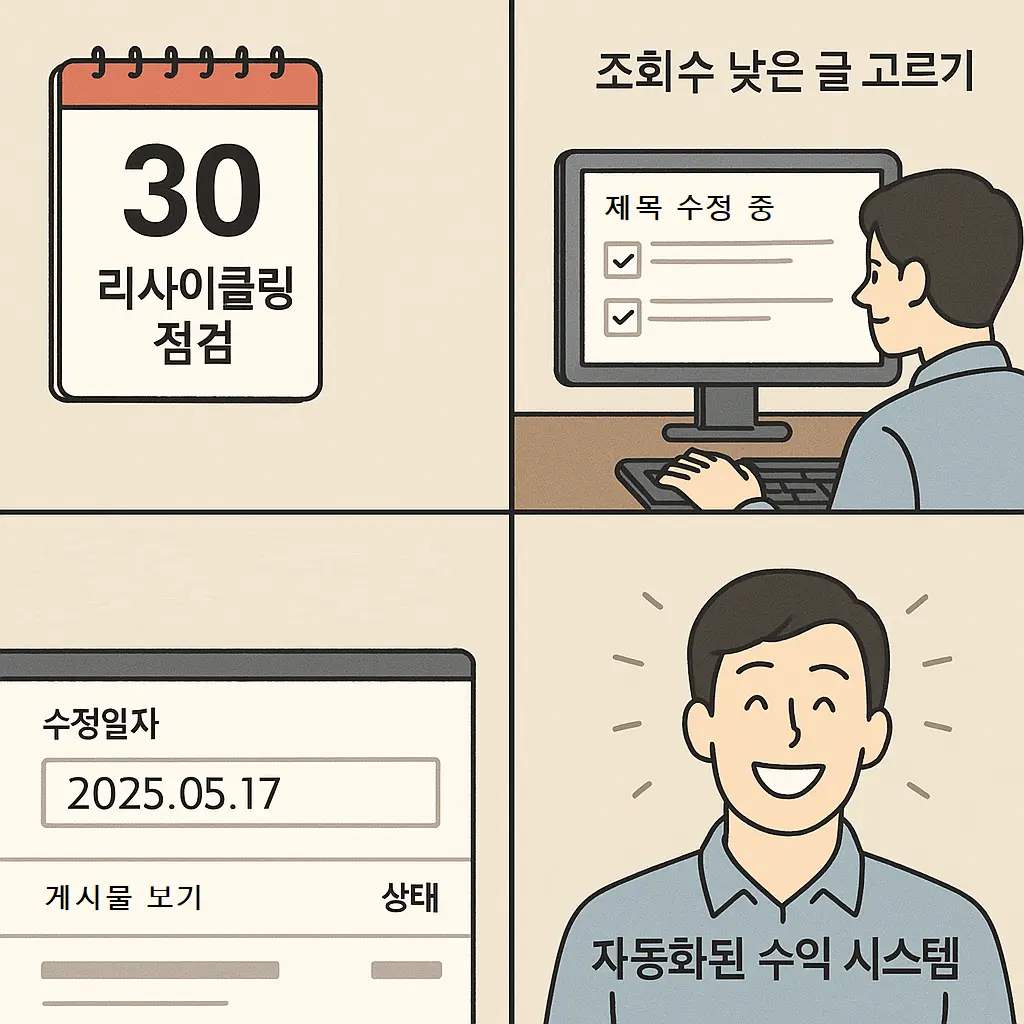 정기적으로 글을 점검하고 수정일자를 갱신하며 블로그 수익을 자동화하는 루틴의 흐름