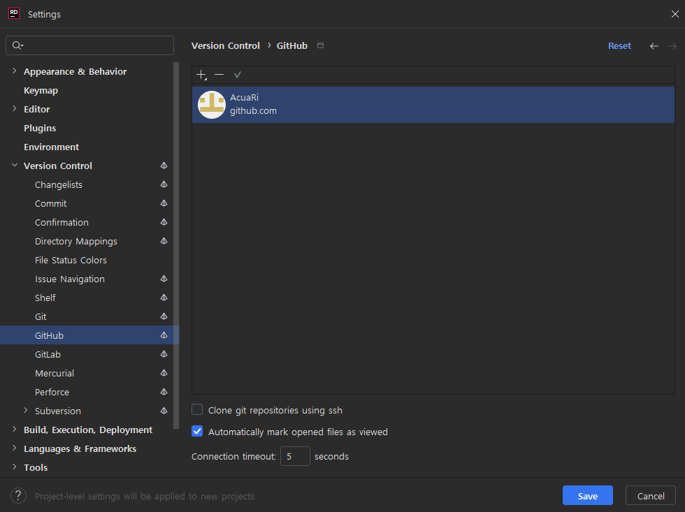 Settings 창의 왼쪽 메뉴에서 Version Control > GitHub > + (계정 추가 완료)