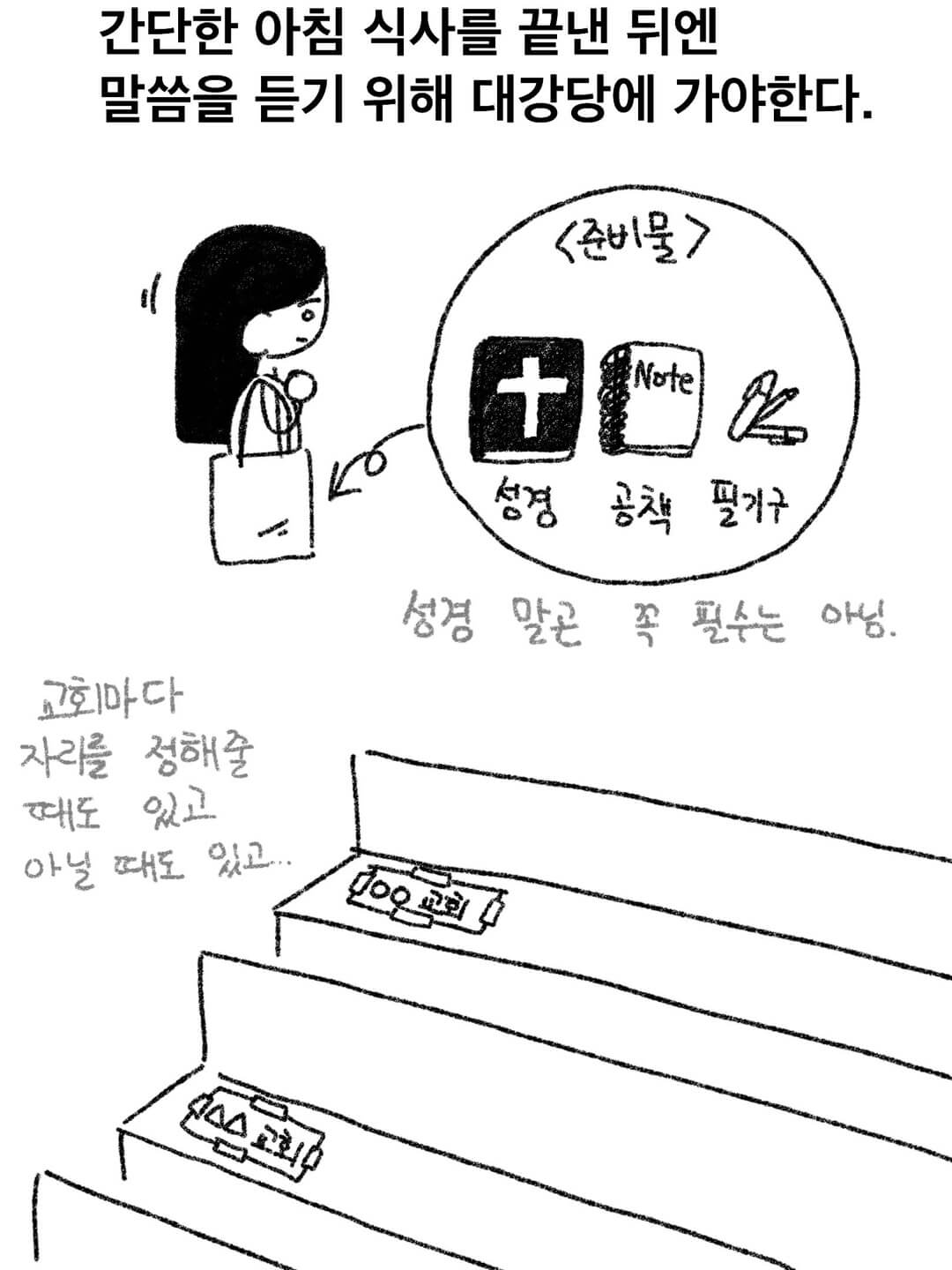 간단한 아침 식사를 끝낸 뒤엔 말씀을 듣기 위해 대강당에 가야 한다.