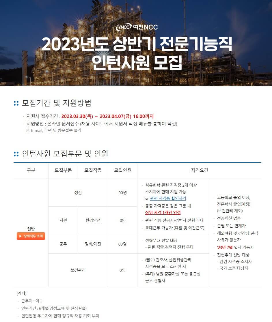 여천NCC 인턴사원 모집 공고문