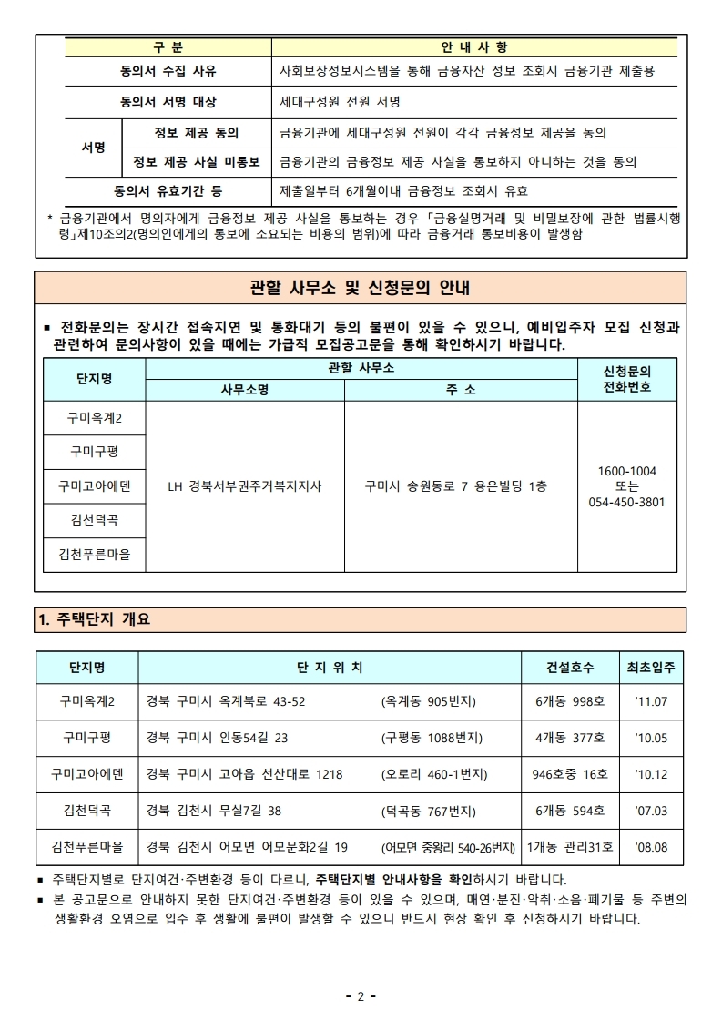  경북서부지역(구미시,김천시)국민임대주택 예비자모집 공고