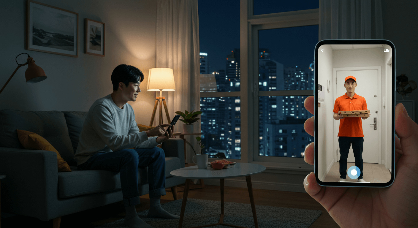 카메라 내장 도어락과 연동 된 앱으로 방문자를 확인하는 사진