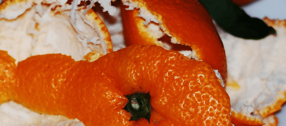 오렌지 껍질과 알맹이가 놓여 있다
