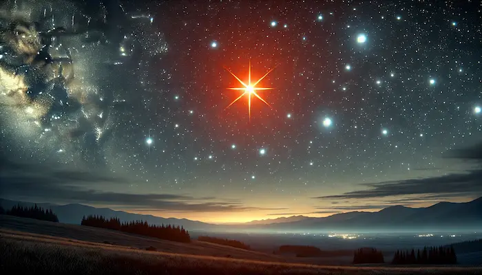 &quot;북반구에서 크고 밝게 보이는 아크투루스(Arcturus), 따뜻한 붉은빛을 내며 목동자리에서 관측 가능한 큰 별을 표현한 이미지.&quot;