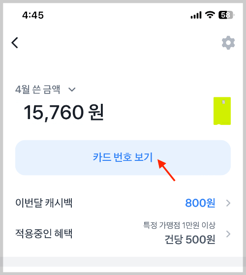 토크 앱에서 카드 번호 보기 클릭하기