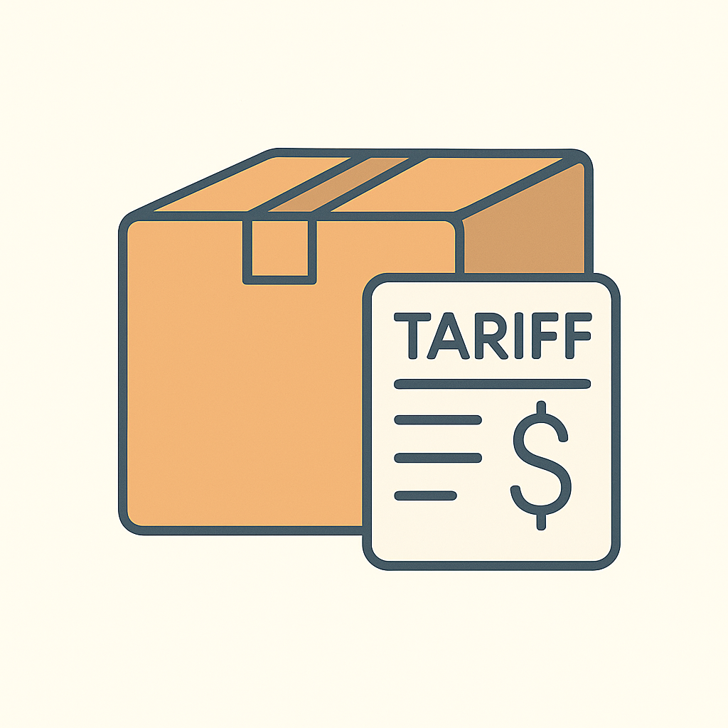 A clean, flat-design digital illustration symbolizing the concept of tariffs and global trade, featuring a package and a customs document without any text.