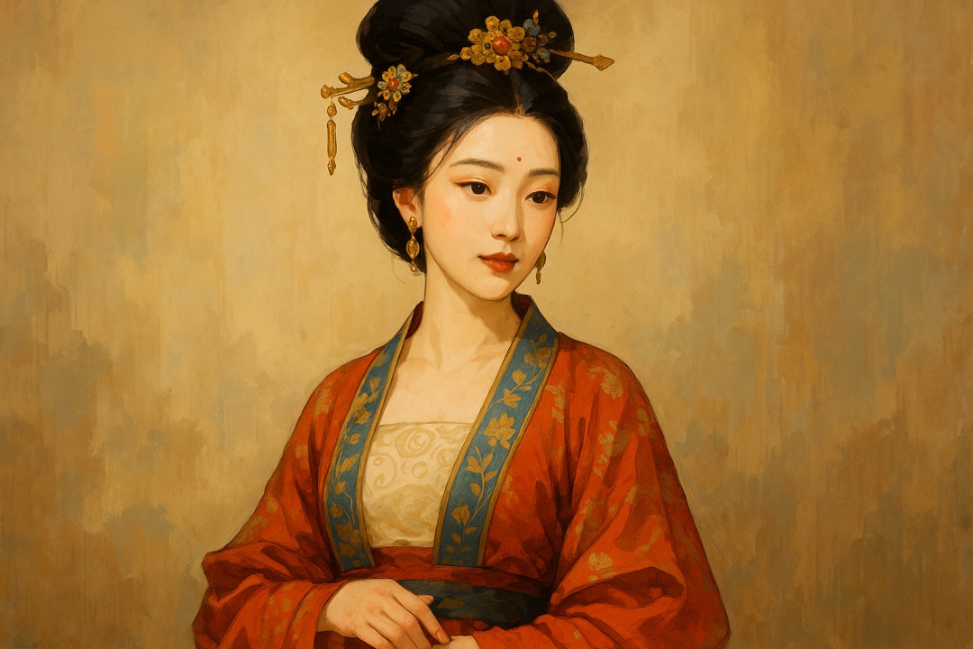 당나라 복식을 입은 양귀비가 정면을 살짝 비껴 바라보는 와이드 일러스트, 고전적인 미모와 화려한 머리장식이 강조됨