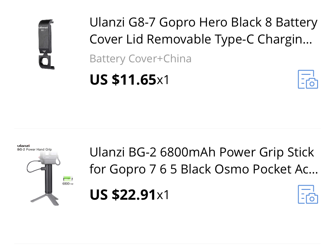 고프로 히어로8 (Gopro Hero8) 야외 촬영시 충전을 위한 배터리그립 및 배터리 커버.