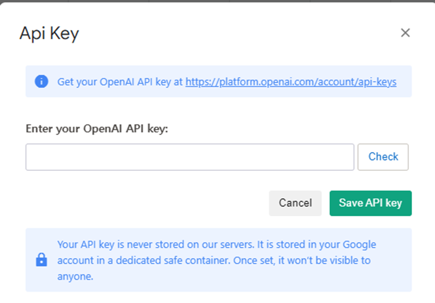 chat api key의 구글 스프레드 시트에 등록하는 화면