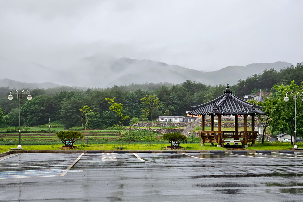 비오는 날 산에 안개 자욱하게 끼고 초록이 우거진 곳 위에 정자가 서있는 교육원 풍경
