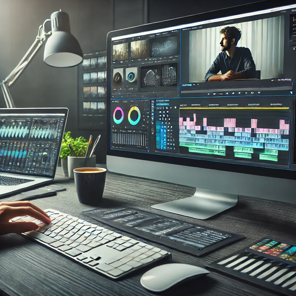 &quot;최신 비디오 편집 작업 공간에서 Adobe Premiere Pro가 실행된 컴퓨터 화면이 보입니다. 화면에는 편집 타임라인, 색 보정 도구, 오디오 트랙 등이 표시되어 있습니다. 밝게 조명된 책상에는 키보드, 마우스, 커피잔이 놓여 있으며, 전문적인 비디오 편집자가 집중하여 작업하고 있습니다.&quot;