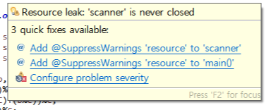 Java] Resource leak: 'scanner' is never closed 자바 경고와 해결방법
