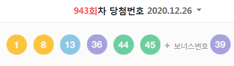  943회차 로또 당첨번호 (1등 당첨자는 7명으로 당첨금은 34억 3504만 원)
