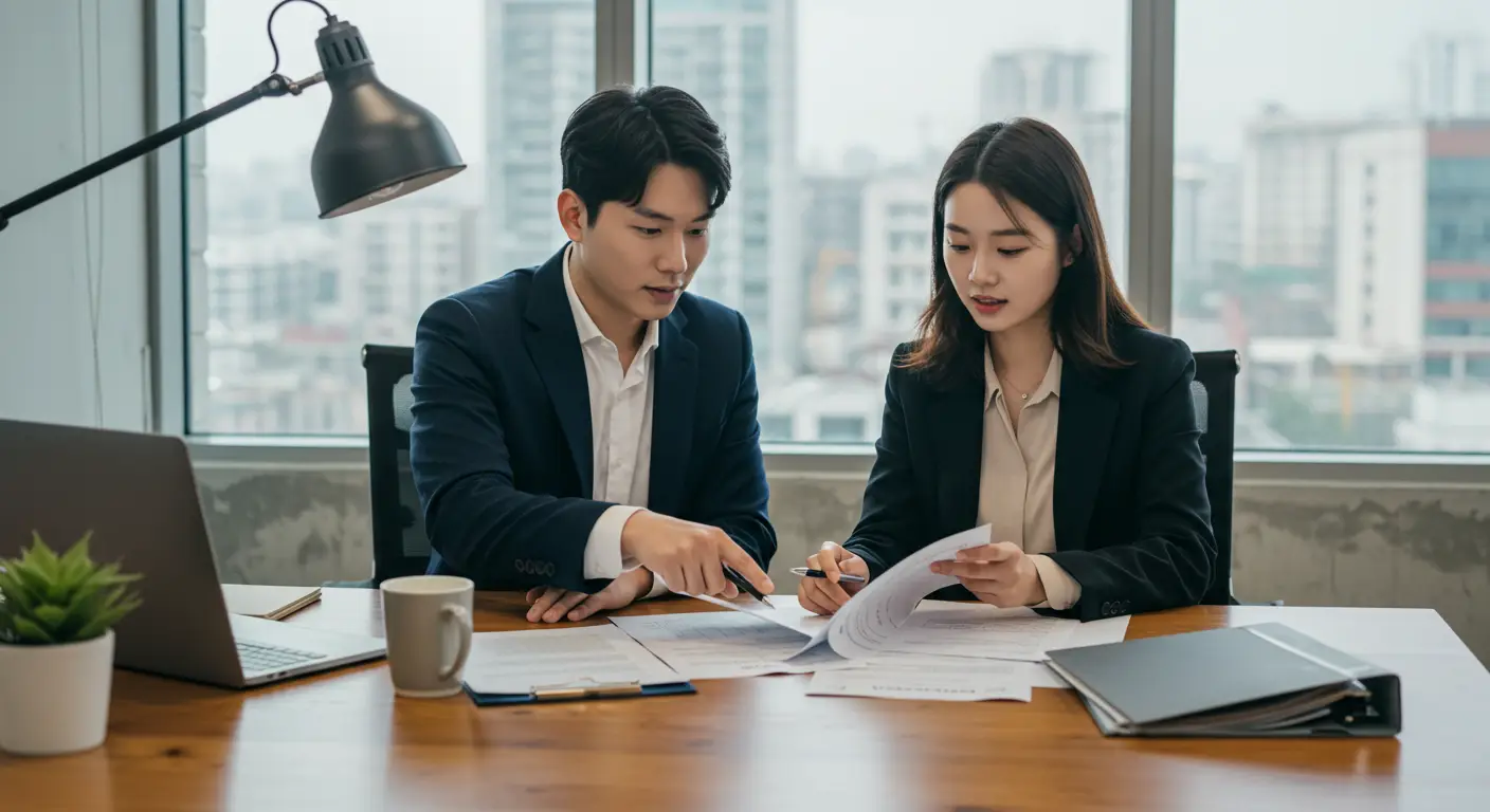 태평동쌍용예가 공무원임대아파트 임대조건을 살펴보는 남여의 모습이다.