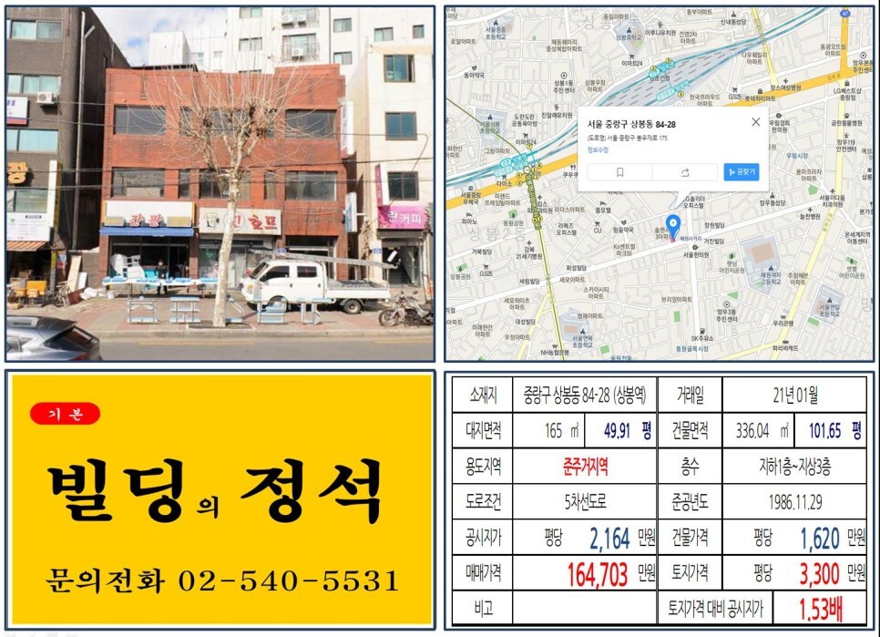  [중랑구 상봉터미널 10억 꼬마빌딩 실거래가 조회] 상봉동 84-28 (상봉역) 16억 4,703만 원, 평당 3,300만 원 매매되었습니다.
