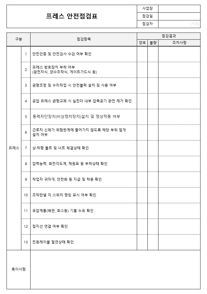 프레스 안전점검표