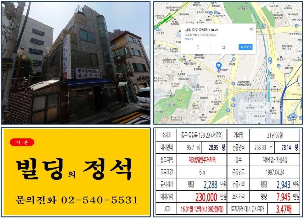  [중구 서울역 북부역세권 개발사업 20억 꼬마빌딩 실거래가 조회] 중림동 128-23 (서울역) 23억 원, 평당 7,945만 원 매매되었습니다.