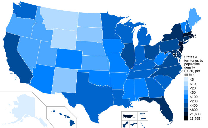 미국 주별 인구밀도 지도