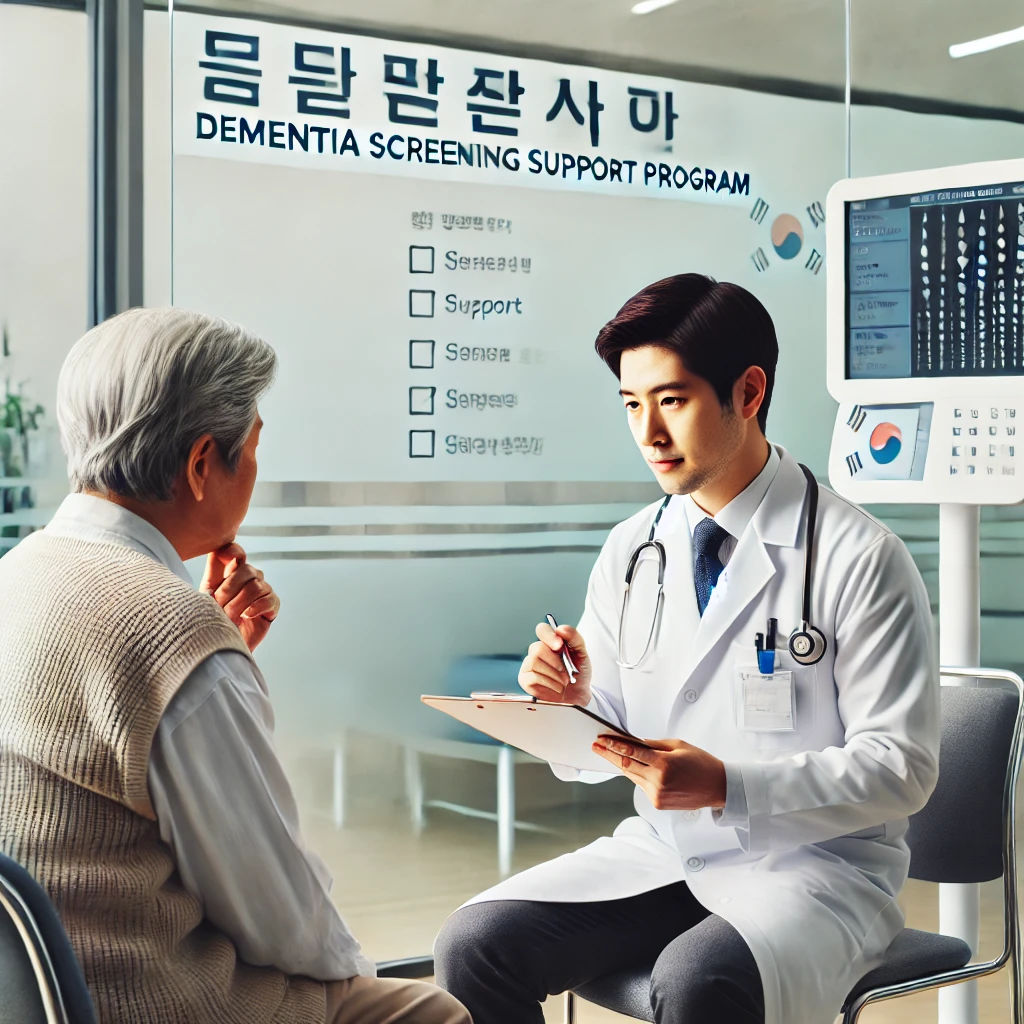 의료진이 노인 환자와 함께 치매 감별 검사를 진행하는 모습. 현대적인 병원 환경에서 의사가 환자에게 검사 결과를 설명하며, 한국어로 '치매 감별 검사 지원 프로그램'이라는 안내판이 보인다. 깨끗하고 전문적인 분위기의 진료실.