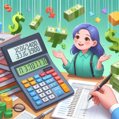 계산기를 사용하며 웃고 있는 여성과 다양한 화폐 기호들