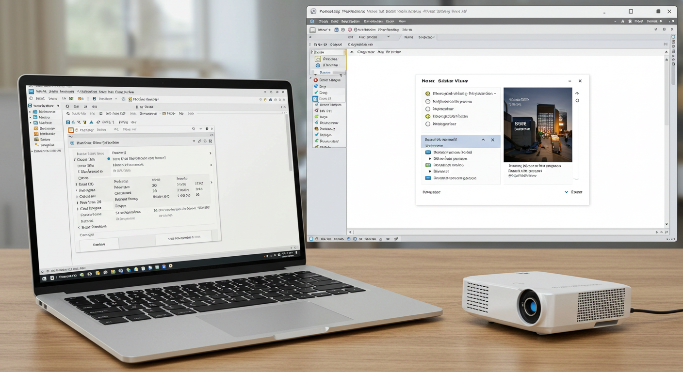 (Image Prompt: Illustration or screenshot showing PowerPoint's Presenter View. Laptop screen shows the presenter's notes, next slide preview, and timer, while a connected projector screen (implied) shows only the main slide. Style: Informative illustration.)