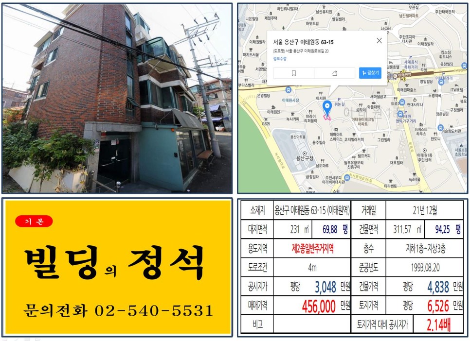  [용산구 이태원 퀴논길 40억 꼬마빌딩 실거래가 조회] 이태원동 63-15 (이태원역) 45억 6,000만 원, 평당 6,526만 원 매매되었습