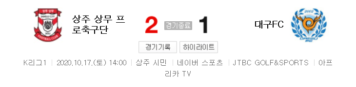  국내축구 - 상주 VS 대구 2020 K리그 25라운드 하이라이트 (2020년 10월 17일)
