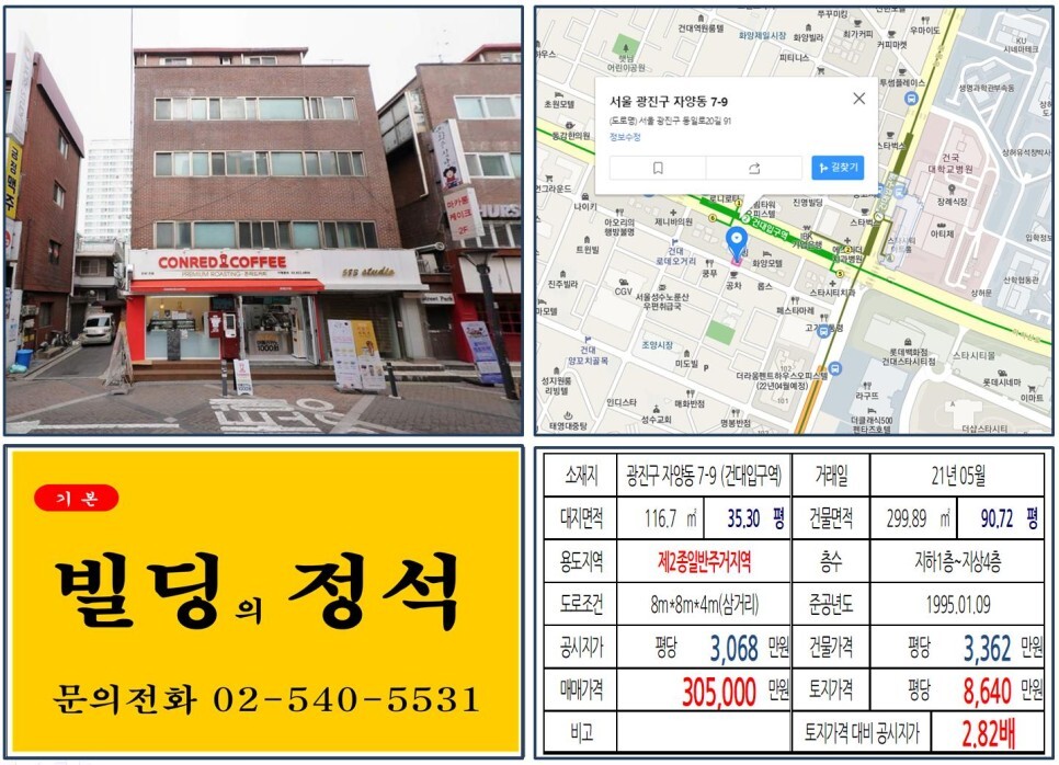 [광진구 건대로데오거리 30억 꼬마빌딩 실거래가 조회] 자양동 7-9 (건대입구역) 30.5억 원, 평당 8,640만 원 매매되었습니다. 건대 양꼬치골목, 스타시티, 호반써밋자양