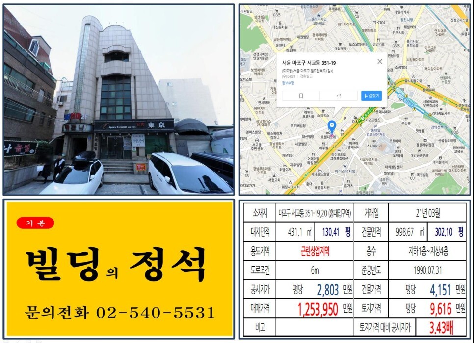  [마포구 양화로 상업지역 신축부지 100억 올근생 꼬마빌딩 실거래가 조회] 서교동 351-19,20 (홍대입구역) 125억 3,950만 원, 평