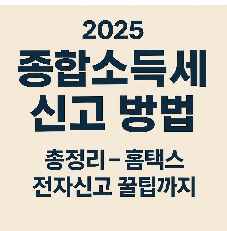 2025 종합소득세 신고 방법 요약 이미지, 홈택스 전자신고 절차와 절세 꿀팁을 소개하는 정보성 대표 이미지