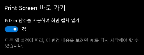  프린트스크린 캡처키에 윈도우 캡처 도구가 연동된 경우