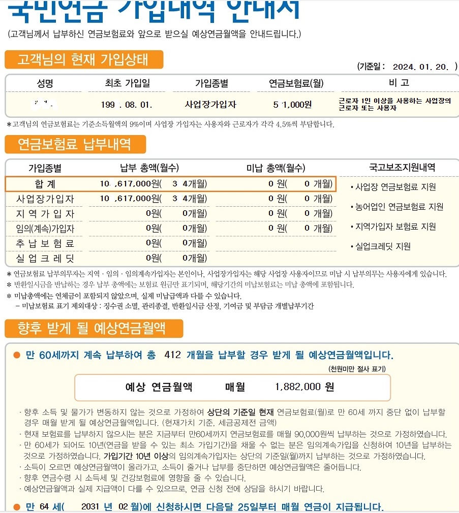 국민연금 가입내역서