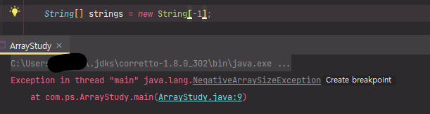 배열 길이에 음수를 넣었을 때 NegativeArraySizeException 발생