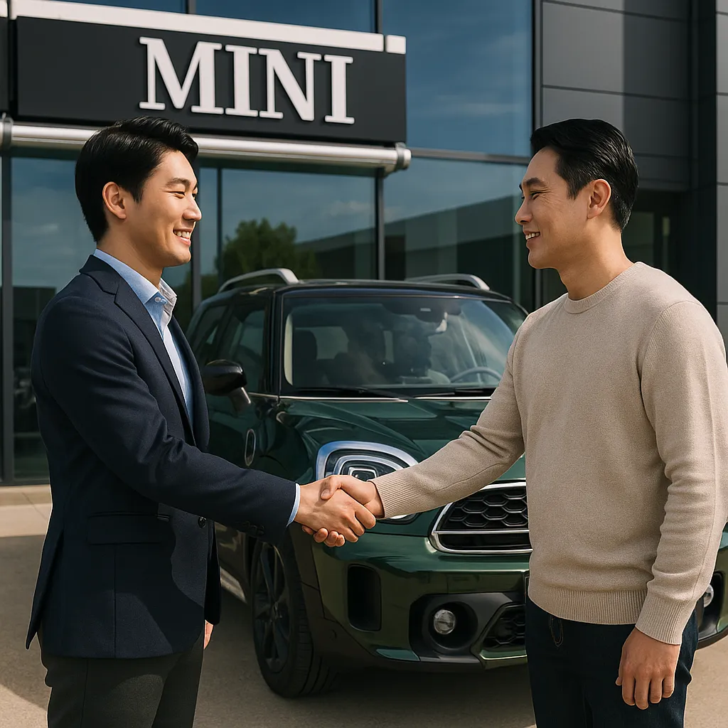 MINI 딜러십 앞에서 차량 계약 후 악수하는 장면