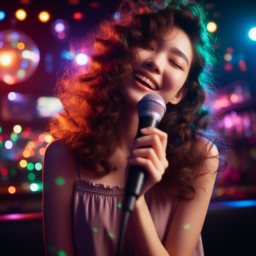 노래방에서 노래를 부르고 있는 여자