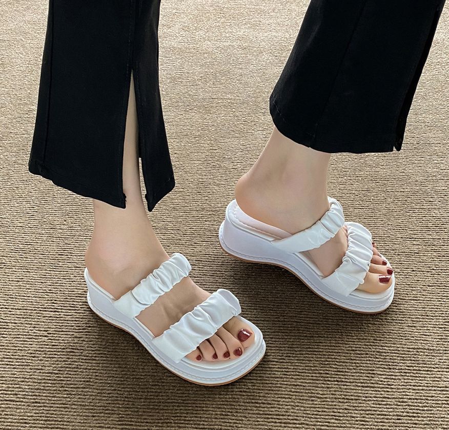  플리츠 투밴딩 5cm 통굽 타입 웨지 슬리퍼