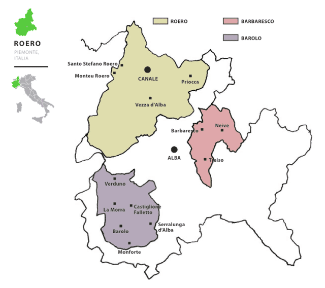 로에로 DOCG와 주변의 와인 생산지 지도