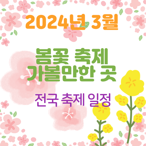 분홍색 벚꽃 여러 송이와 노란색 유채꽃이 있고 가운데 2024년 3월 봄 꽃 축제라는 글자가 있다