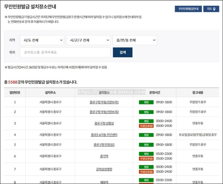 전국-무인발급기-설치장소가-목록에-적혀있다.