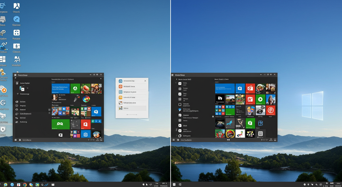 (Image Prompt: A split-screen image. Left side shows the familiar Windows 10 desktop with the Start menu open on the left. Right side shows the new Windows 11 desktop with the centered Start menu open. Clear visual contrast. Style: Informative screenshot comparison.)