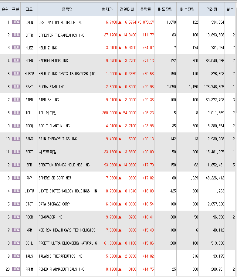  9월8일 미국주식 상승률 상위 종목 TOP 300