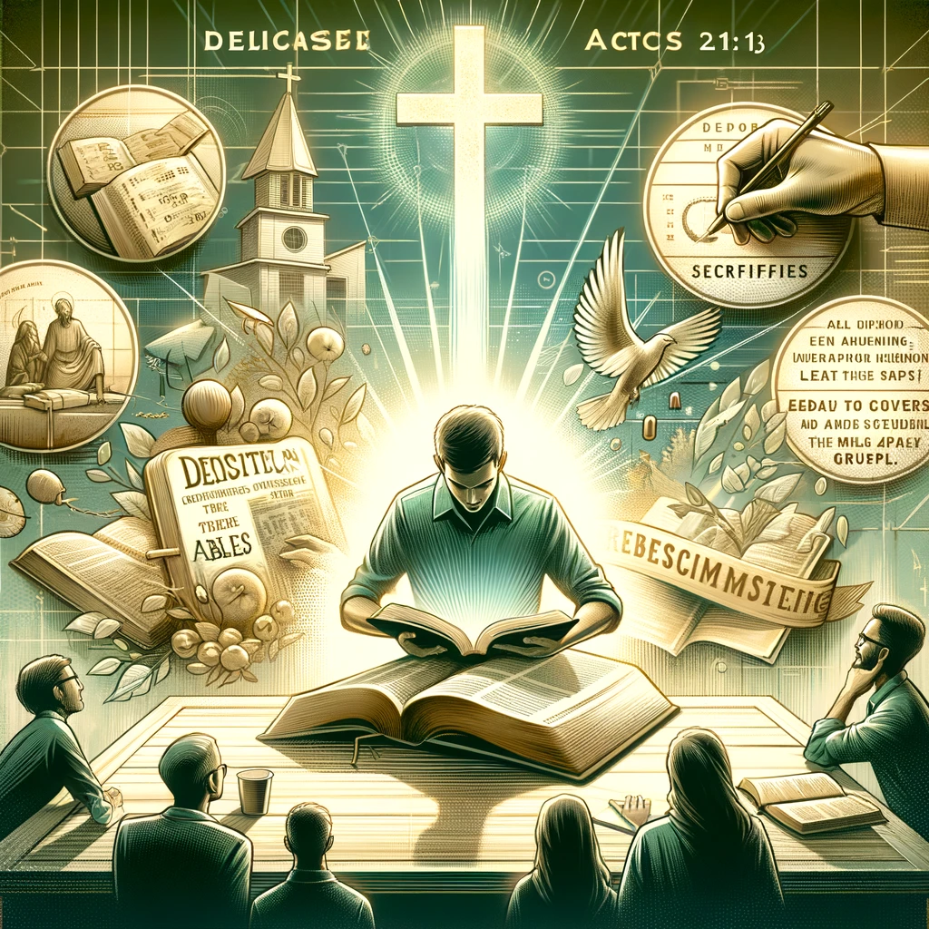 Here is the detailed and inspiring image showing a person dedicating their life to their mission&amp;#44; inspired by Acts 21:13. The scene includes elements symbolizing dedication&amp;#44; sacrifice&amp;#44; and spreading the Gospel&amp;#44; such as a cross&amp;#44; an open Bible&amp;#44; and people listening attentively. 