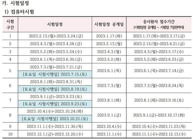 컴퓨터 시험일정표