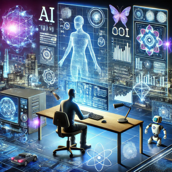 미래 지향적인 디지털 일러스트로, AI 전문가가 첨단 컴퓨터 앞에서 작업하고 있는 모습. 주변에는 홀로그램 데이터 디스플레이, 신경망 그래픽, 로봇 조수들이 배치되어 있으며, 파란색과 보라색의 사이버 느낌 조명이 기술적인 분위기를 강조한다. 전문가가 복잡한 알고리즘을 분석하고 있으며, 공중에는 숫자와 차트가 떠다닌다. 배경에는 AI가 주도하는 자동화된 도시 풍경, 자율주행 자동차, 스마트 인프라가 펼쳐져 있다. 전체적으로 인공지능과 기술 발전의 본질을 담은 세련되고 현대적인 분위기의 이미지