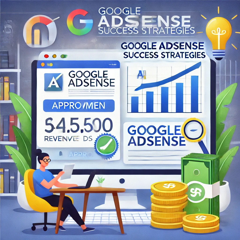 Google AdSense 수익화 전략을 시각적으로 표현한 것으로, 광고 배치, 수익 증가 차트, 승인 알림, 성공적인 블로거의 모습 등을 포함