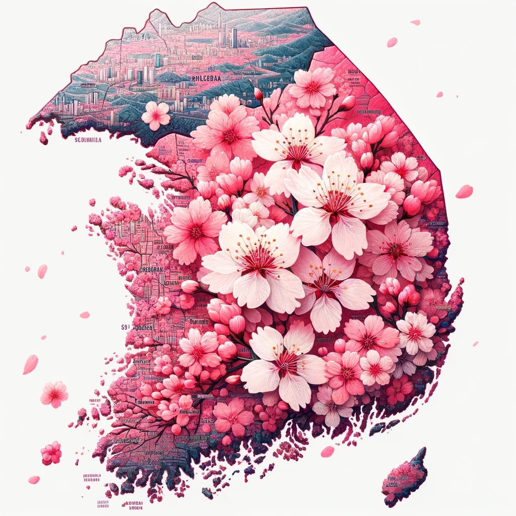 2024년 벚꽃 표시된 대한민국 지도