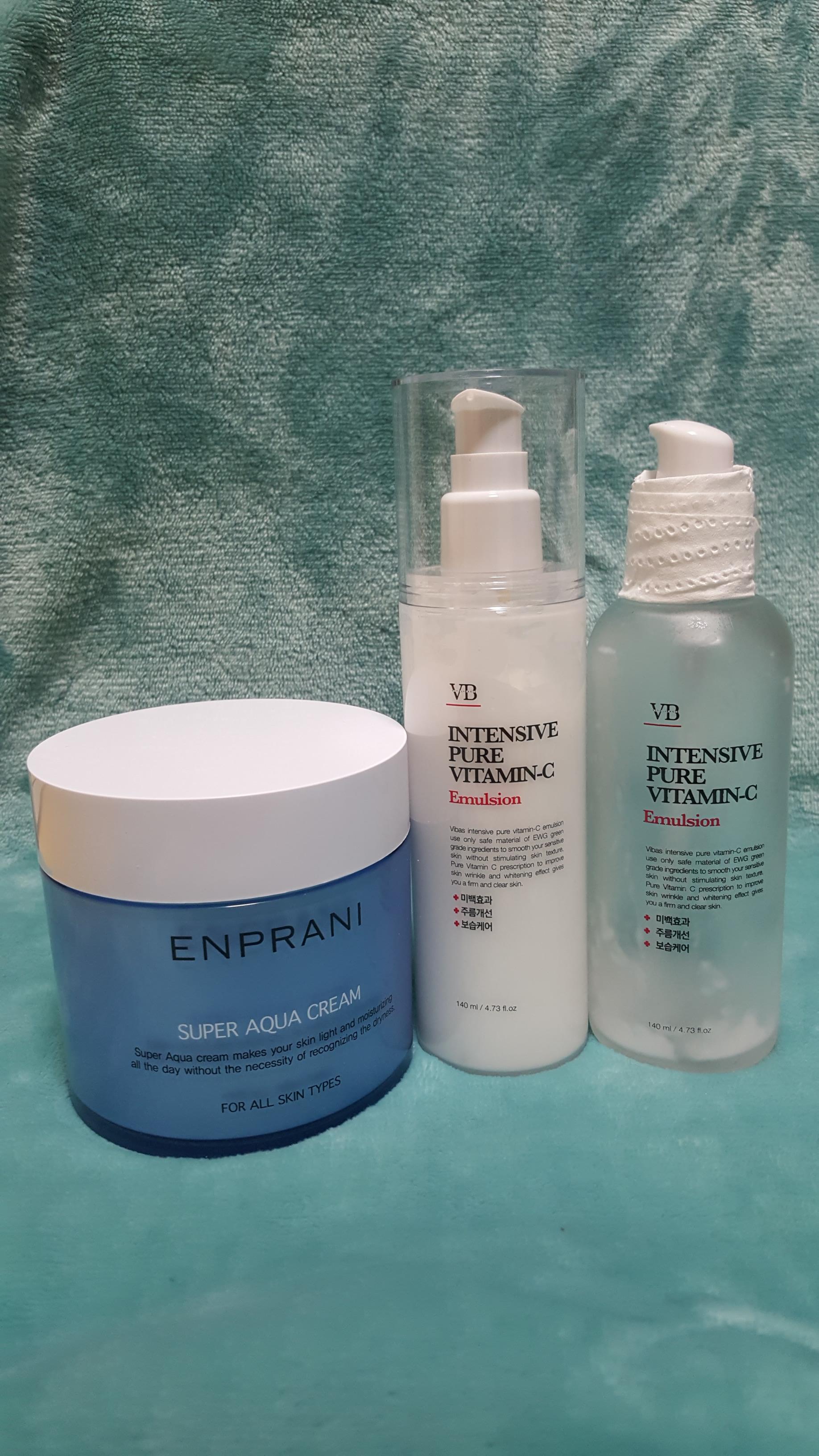  로션 용기에 쓰인 영어 해석 도전 VB INTENSIVE PURE VITAMIN-C/ ENPRANI SUPER AQUA CREAM