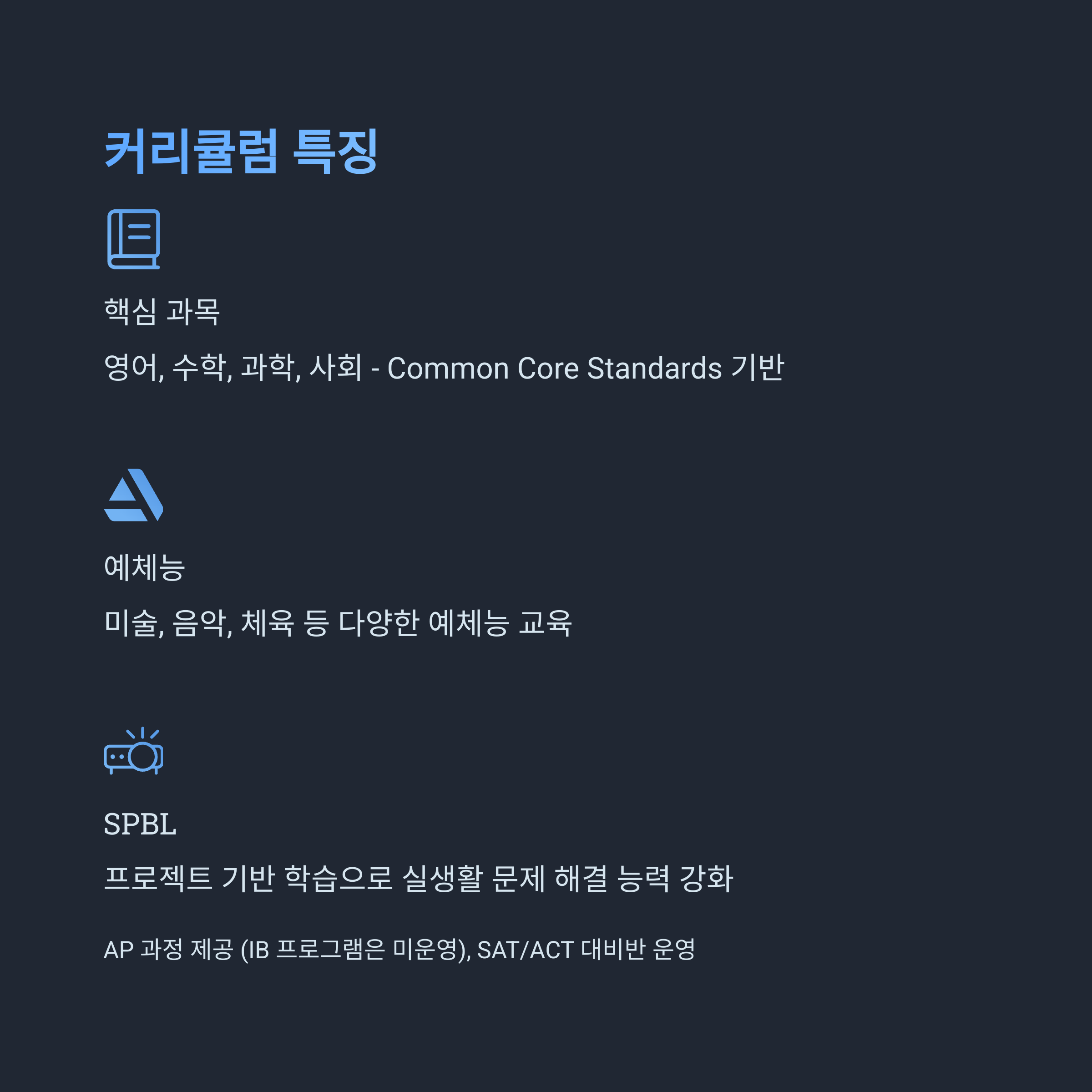 SALT International School 커리큘럼 - Common Core 기반 핵심 과목, 예체능 교육, AP 과정, SAT/ACT 대비반 운영
